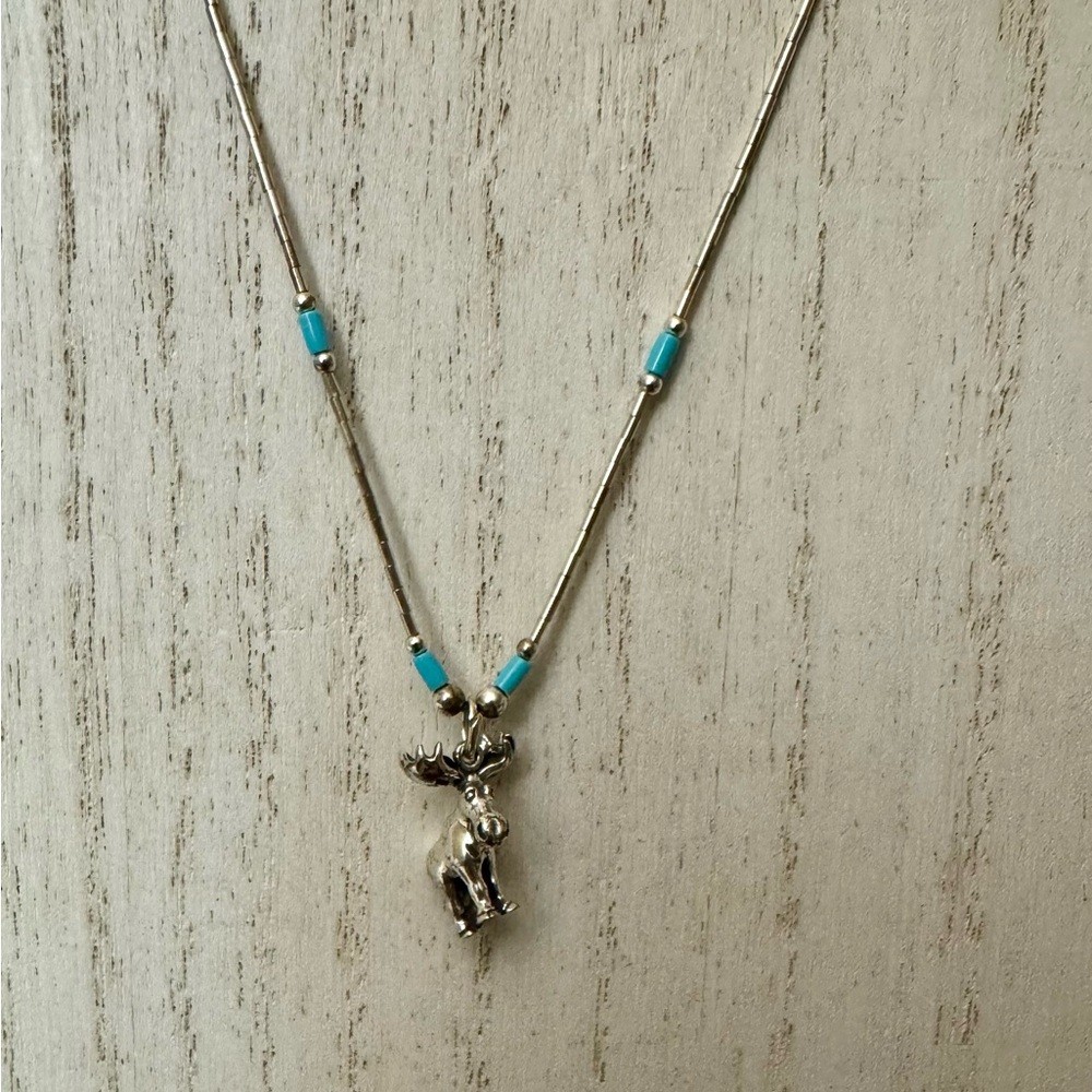 Southwestern Liquid Silver Turquoise Necklace with moose pendant.